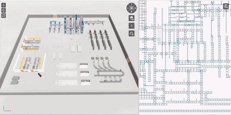 Interfaz de software de simulación 3D con layout industrial y red de pasillos